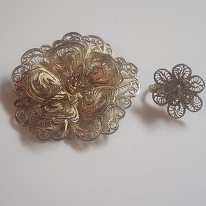 2 Vintage Elegant Sterling Filigree Set Brooch With Screw In Ear +another Brooch